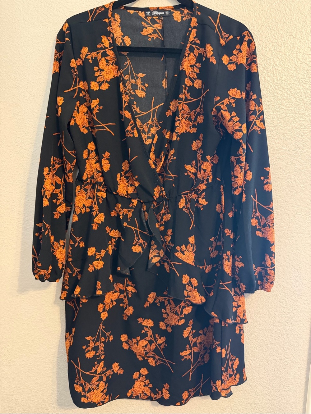 Black & Orange Floral Faux Wrap Dress